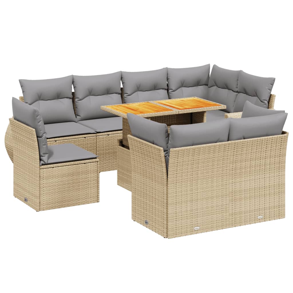 9-tlg. Garten-Sofagarnitur mit Kissen Beige Poly Rattan